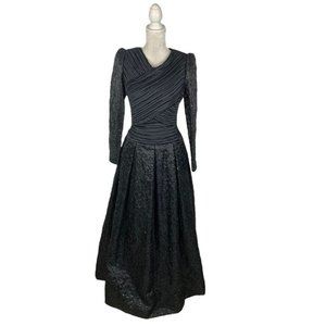 George F. Couture New York Black Evening Gown Pleats Sequin Beads Long Sleeve 10